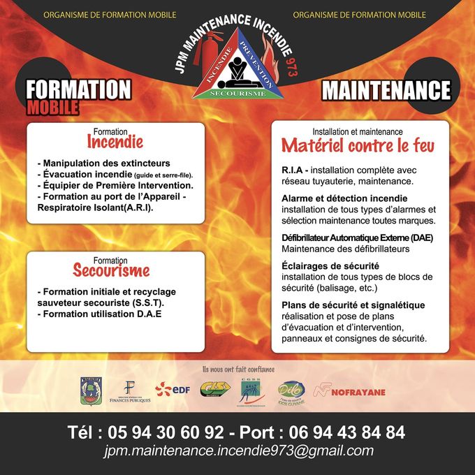 - Supports (Plans interventions et évacuations, Panneaux, Consignes de sécurité)
-Maintenance des extincteurs, Robinets Incendie Armés (RIA)
- Alarme incendie, Bloc éclairage( BAES), détecteurs fumées (DAAF)
-